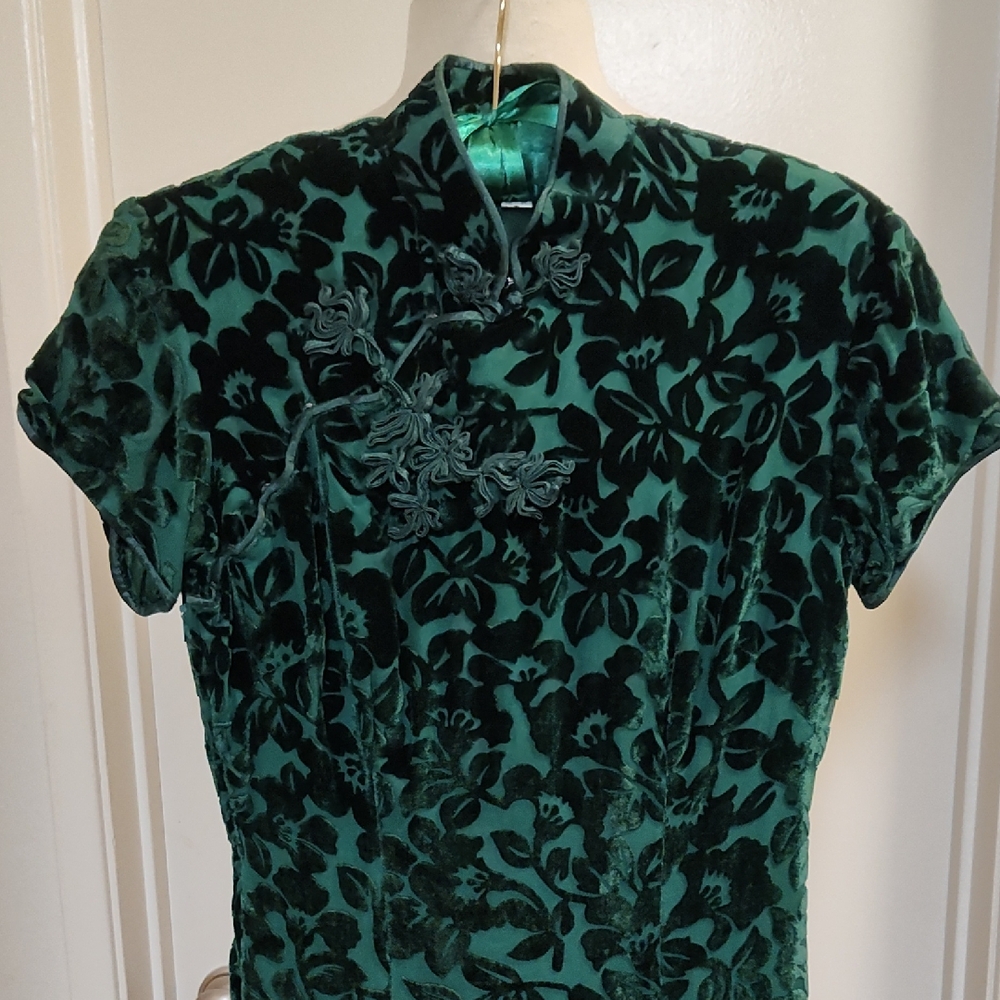 Elegant Vintage Green Floral Velvet Cheongsam Dress Size S/M